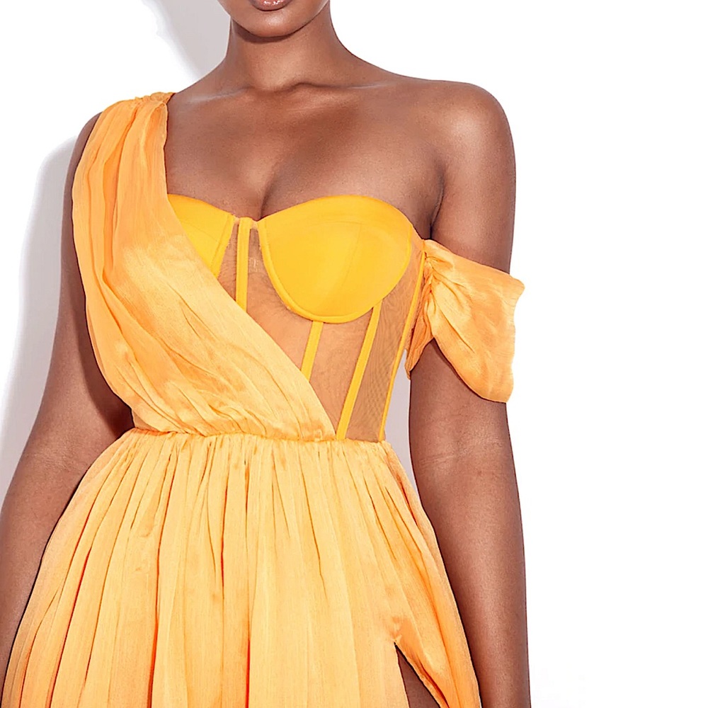 Orange Silk Pleated Corset High Slit Maxi Dress